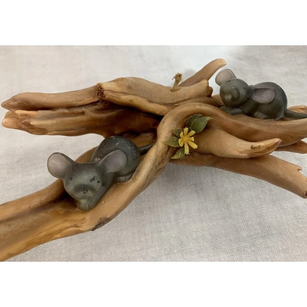 Sculpted Candle Two Mice on Logs in Forest Wax Vintage MCM Plastic Flower 9 inch